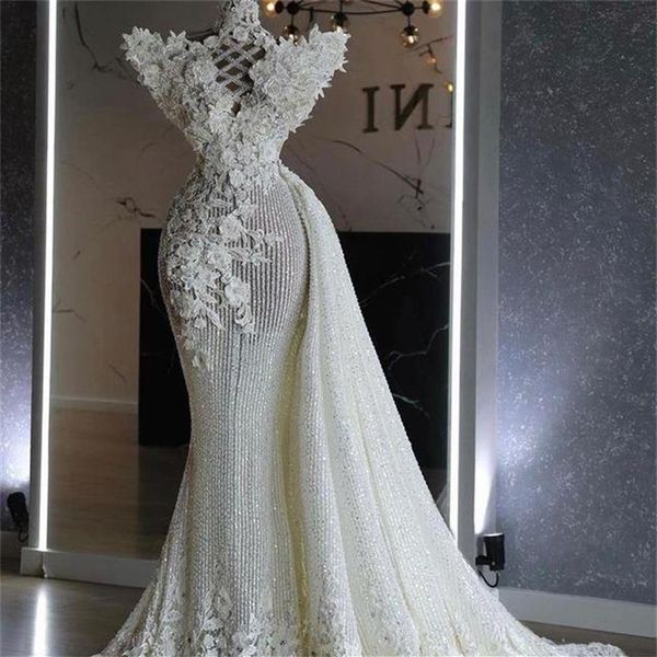 2022 Stilvolles Meerjungfrau-Hochzeitskleid mit abnehmbarer Schleppe, Pailletten, Spitze, Blumenapplikationen, Brautkleider, elegant, Vestido de Novia2527