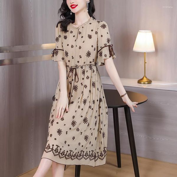 Abiti casual 2023 Summer Fashion Silk Embroidery Dress Women Chic Ruffled O-Collo Elegante coreano Vintage Vita allentata Notte di lusso