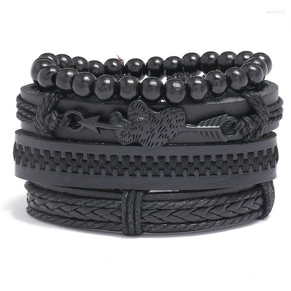 Pulseira Jessingshow 4 pçs/conjunto vintage couro PU feito à mão trançado faça você mesmo masculino preto pulseiras casuais elegantes acessórios de joias