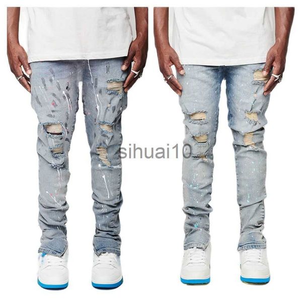 Jeans Masculino 2022 Nova Moda Jeans Rasgados Para Homens Na Moda Magro Paint Craft Denim Lápis Calças Street Hipster Calças Roupas Masculinas XS-XL J230728