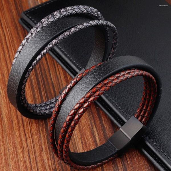 Charm Bracelets Vintage Leather Bracelet Men Multi-layer Roda Woven Jóias Aço Inoxidável Genuíno