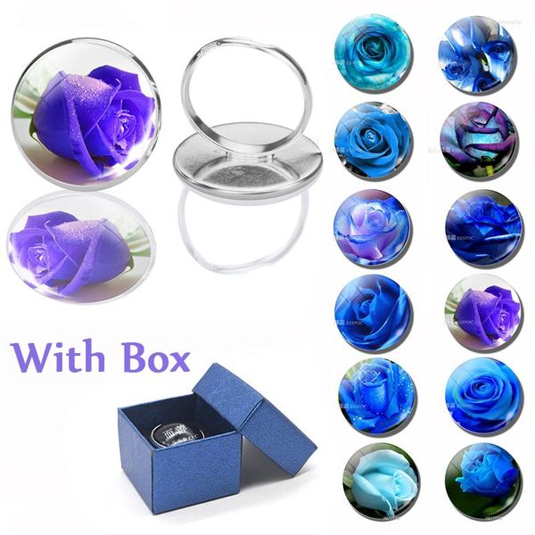 Küme halkaları moda mavi enchantress gümüş renk yüzüğü aşk gül çiçek cam cabochon mücevher kadınları ile kutu sevgilisi doğum günü hediyesi
