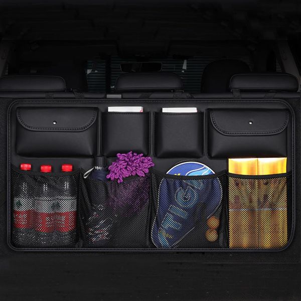 Pelle di qualità Car Rear Seat Back Storage Bag Multi Hanging Mesh Nets Pocket Trunk Bag Organizer Auto StowingTidying Supplies280t