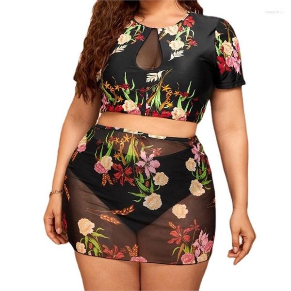 Conjunto de 3 conjuntos de roupas de banho femininas étnicas de duas peças sexy slim fit roupa de praia com estampa oca tule manga curta africana