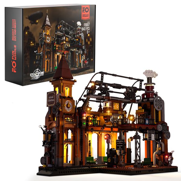 Conjunto de tijolos de construção de iluminação de estação de trem divertida Blocos Steampunk Bloco de LED de estação de trem 1843 peças para adultos e adolescentes 230731