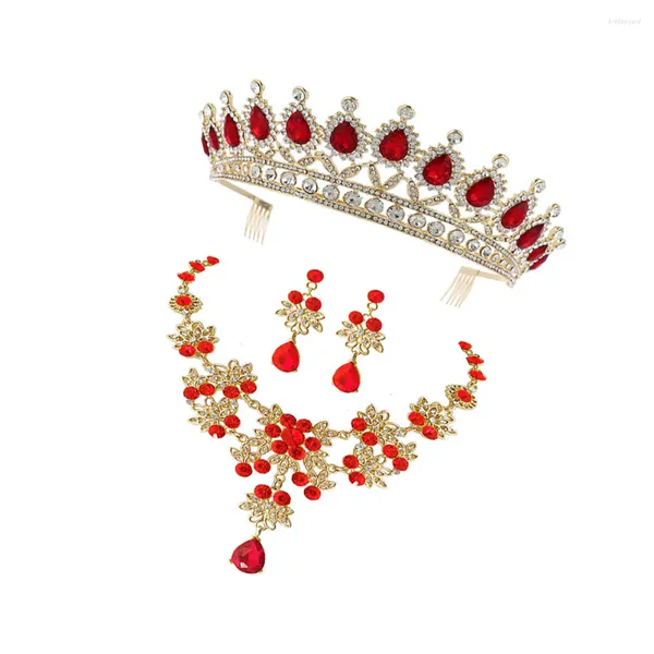 Collana Orecchini Set Rosso Prom Party Accessori per costumi Gioielli da donna in cristallo Sposa elegante