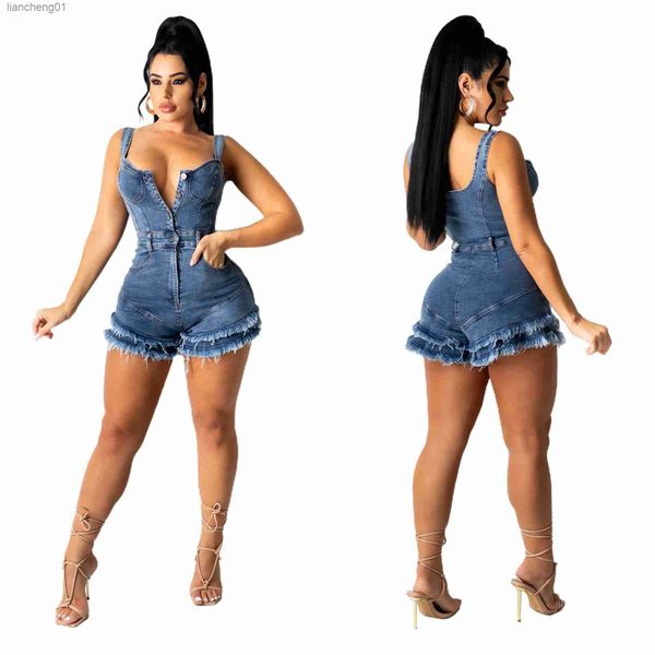 Herbst Denim Casual Overall Sexy Frauen Spaghetti Strap Bodycon Jeans Quaste Club Romper Overalls L230619