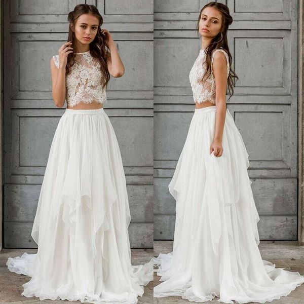 Abito da sposa sexy in due pezzi Boho 2021 Crop Top Chiffon Summer Beach Garden Abiti da sposa Lunghezza del pavimento Bohemian Country Bridal Gow313u