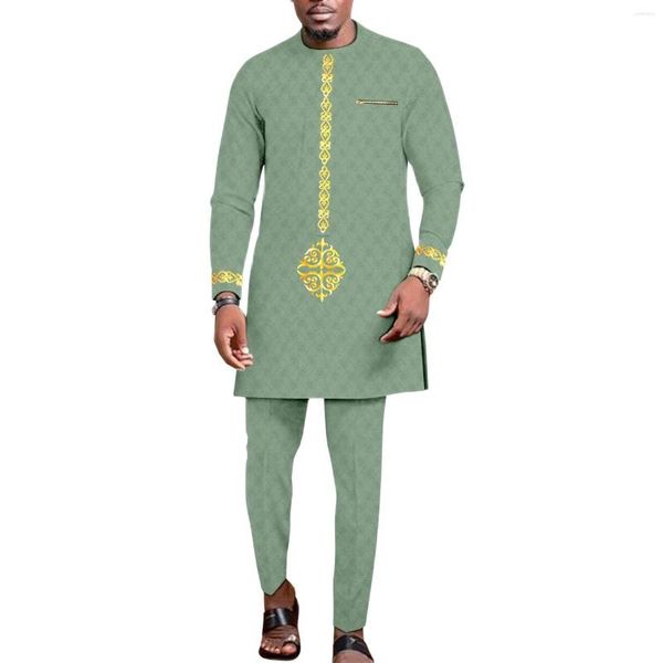 Roupas étnicas Dashiki Longas Camisas e Calças Bordadas 2 Peças Roupas Casamento Tamanho Grande Roupas Africanas Terno Masculino