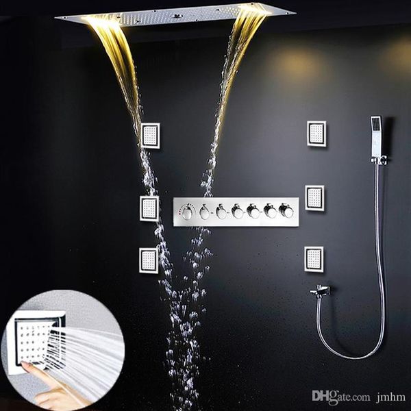 700 x 380 mm Säulen-Duschset, modernes, großes Regenfall-Duschsystem, verdeckte Deckendusche, Wasserfall-Massage, thermostatisches 6-Wege-LED-Badesystem, 258 Jahre