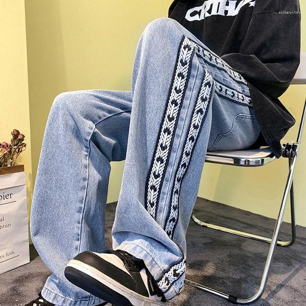 Jeans da uomo 2023 Coreano Side Ribbon Ins Trend Chic Baggy Straight Skinny Pantaloni in denim Unisex Casual Pantaloni a gamba larga Streetwear