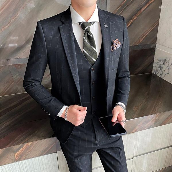 Ternos masculinos negócios casuais (blazer colete calça) vestido de noiva xadrez escuro clássico retrô formal terno de três peças