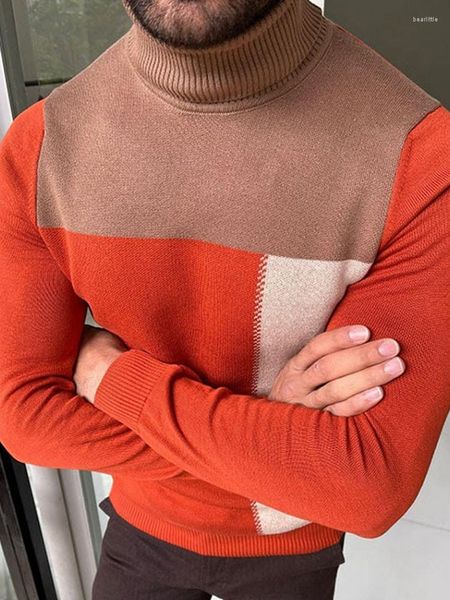 Erkek kazaklar erkekler turuncu ince fit balıkçık örgü sweater