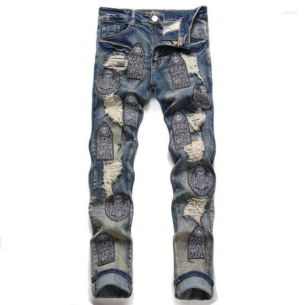 Calça Jeans Masculina Slim Fit Patchwork Buracos Streetwear Desgastado Baggy Bordado Calças Denim Rasgadas Calças Hip Hop Skinny Punk