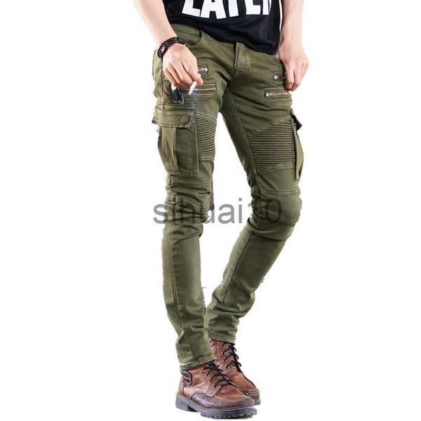 Jeans Masculino Verde Preto Denim Biker Jeans Masculino Skinny New Runway Distressed Slim Elástico Homme Hip Hop Militar Calça Carga para Motocicleta J230728