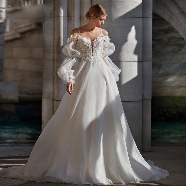 Moderno decote ombro a ombro com alça espaguete vestidos de noiva linha manga transparente com apliques de renda vestido de noiva feminino