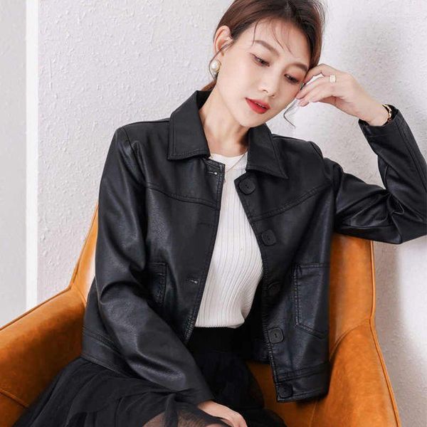 Женские куртки короткая кожаная куртка для женщин 2023 Осенняя модная тенденция корейская сплошная с длинным рукавом мотоцикл для похудения