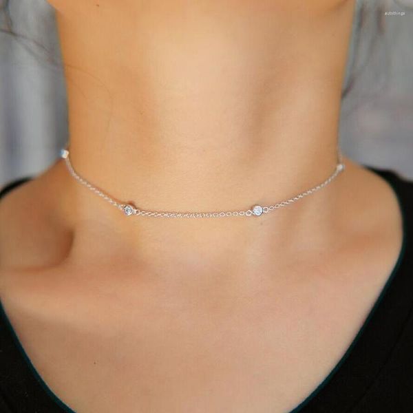 Anhänger Zarte zierliche Cz-Halskette 925 Sterling Silber Station Kurzschicht-Halsband für Mädchen Dot Minimaler Modeschmuck