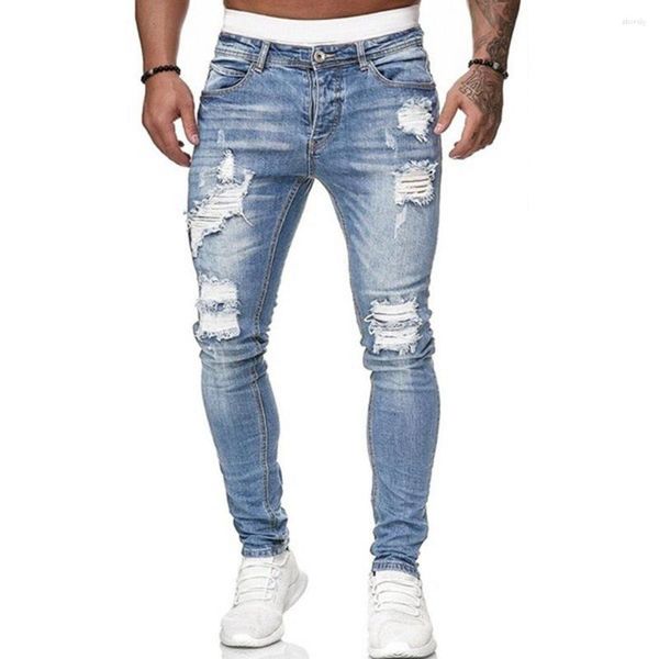 Jeans masculino design de verão vintage justo cintura média rasgado para homens