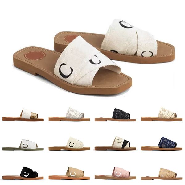 Designer Woody Sandalen Frauen Sliders berühmte Mules flache klassische schwarze weiße Spitze Schriftzug Stoff Canvas Hausschuhe weibliche Sommer draußen Sandalen Outdoor-Schuhe