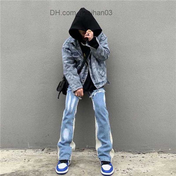 Männer Hosen 2023 Y2K Patch Work Wash Blau Tasche Glänzende Jeans männer Kleidung Gerade Lose Alte Denim Hosen Pantalones hombre Z230801