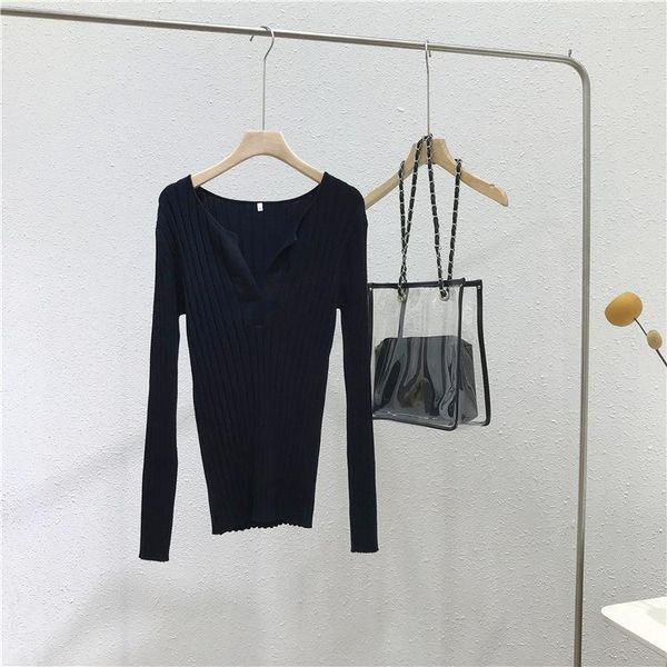 Maglioni da donna con scollo a V, pullover neri lavorati a maglia, maniche lunghe, top sexy, maglioni