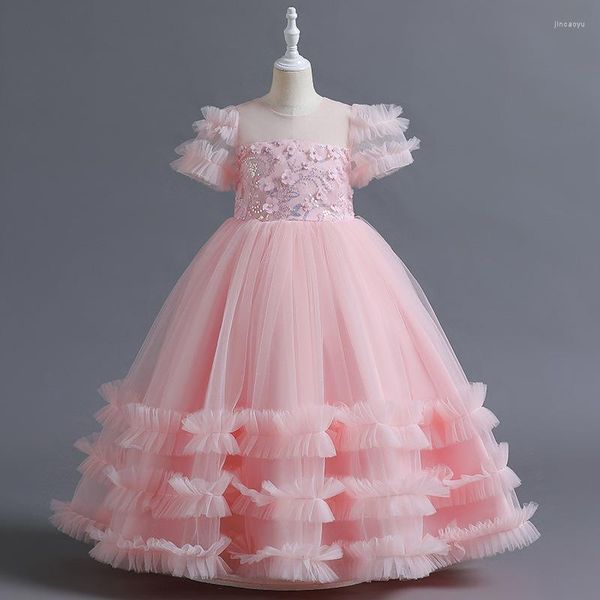 Vestidos para meninas de 5 a 14 anos com miçangas, tule longo, princesa, meninas, vestido de festa, elegante, tutu, roupas de casamento infantil, vestido infantil