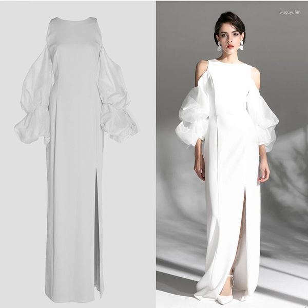 Abiti casual Elegante da sera bianca 2023 Off The Shoulder Puffy Maniche lunghe Raso Fessura laterale A-line Prom Party Wedding Women