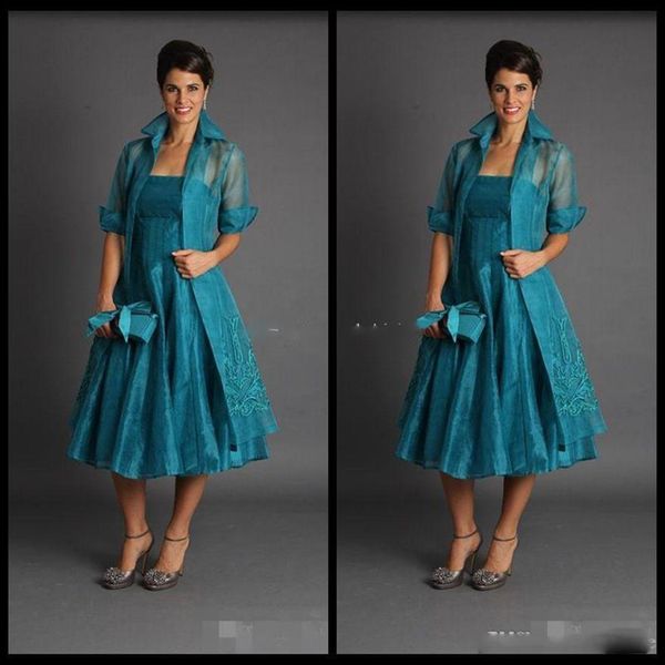 Elegante A-Linie, kurze Kleider für die Brautmutter 2022, Jacke, blaugrüne Länge, Anzüge, Abendkleider, Organza3011