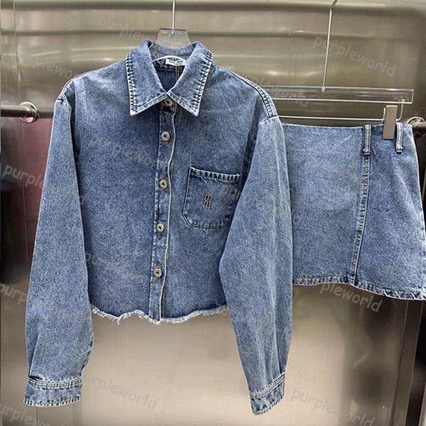 Zwei Denim Rock Set Sommer Frauen Gestickte Buchstaben Sexy Langarm Mantel Kurzen Rock Mode Hohe Taille Set