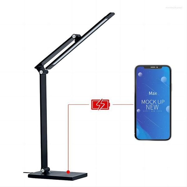 Tischlampen, um 360° drehbare, zusammenklappbare Schreibtischlampe mit langem Arm, intelligenter Fünf-Farben-Temperatur-Augenschutz mit kabelloser Aufladung