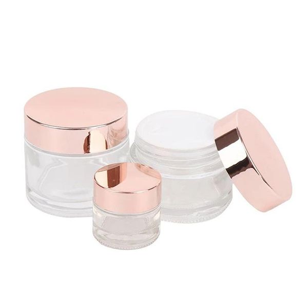 Frascos de embalagem Frascos de vidro fosco Recipientes cosméticos transparentes recarregáveis com tampa de ouro rosa 5G 10G 15G 20G 30G 50G 100G Loti Ot5Cx