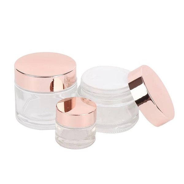 Bottiglie di imballaggio Vasetti di vetro smerigliato Crema per il viso Contenitori cosmetici trasparenti ricaricabili con tappo in oro rosa 5G 10G 15G 20G 30G 50G 100G Loti Ot5Cx