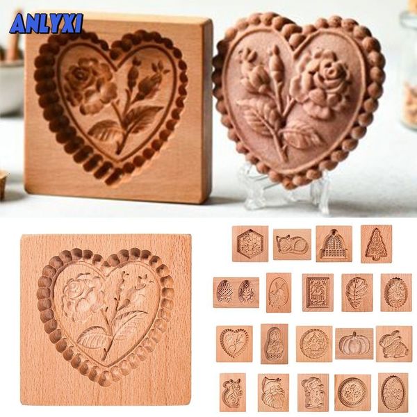 Moldes de cozimento 10 estilos de madeira cortador de molde de biscoito de gengibre prensa 3D para bolo em relevo flor rosa 230731