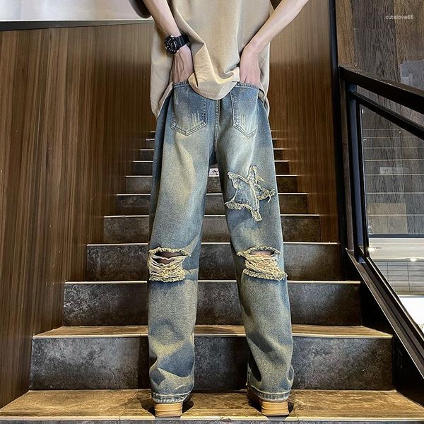 Calça jeans masculina bordada americana rasgada street mendigo verão fina ruffian bonita solta larga perna larga roupas masculinas
