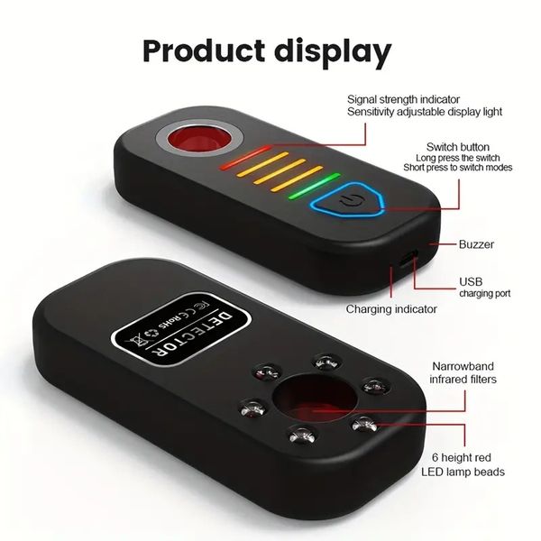 Detectores portáteis de câmera escondida, detector de rastreador GPS, scanner de sinal sem fio anti-espião, detector de dispositivo de escuta, sensibilidade de 6 níveis, infravermelho de tempo de trabalho de 36 horas