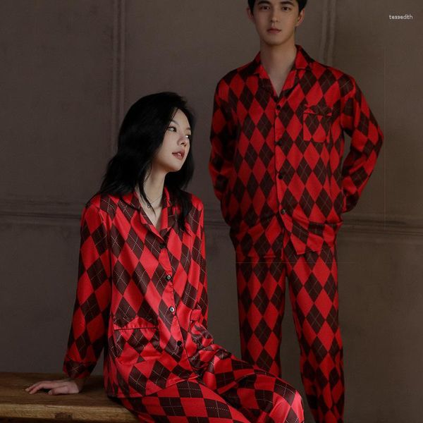 Conjunto de pijama de 2 uds con estampado rojo satinado para mujer, conjunto de pijama de manga larga con una hilera de botones y pantalones, trajes