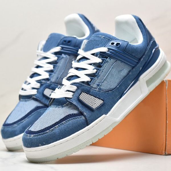 Sapatos Lvse Sapatos Desinger Sapatos Virgil Low Emed Running Sapatos de tênis planos Letra de plataforma de letra calfskin couro de couro homem homem céu azul abloh jeans 731