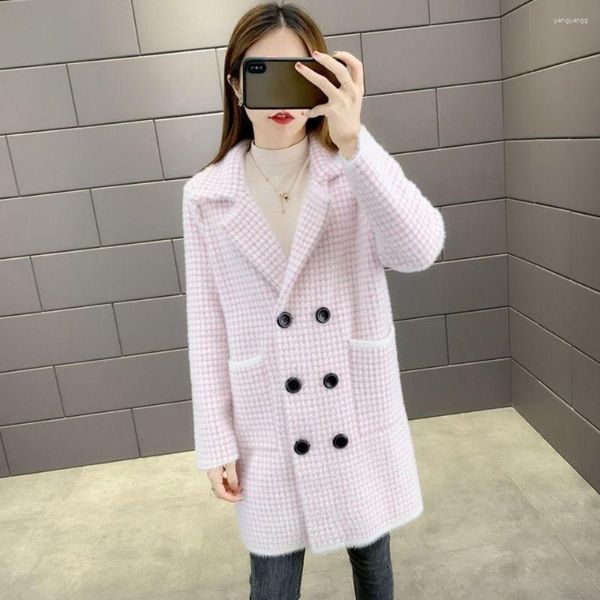 Pelliccia da donna Autunno Inverno Capelli di visone finto Cappotto scozzese Cappotto di velluto Cappotto lungo Trench Abbigliamento donna Giacca di lana a quadri di media lunghezza Capispalla