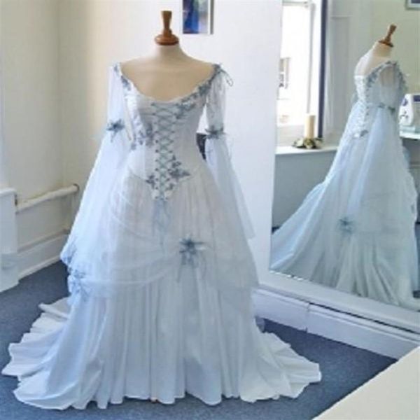 Abiti da sposa celtici vintage Abiti da sposa medievali colorati bianchi e blu pallido Scollo rotondo Corsetto Maniche lunghe a campana Applique197m