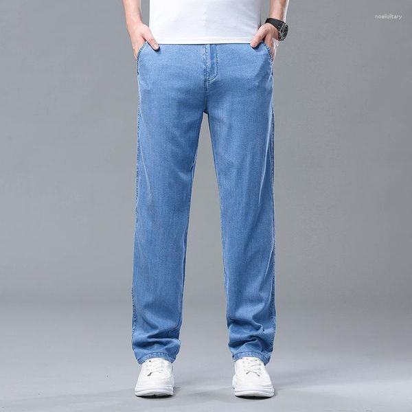 Jeans da uomo in morbido tessuto lyocell, pantaloni dritti larghi e sottili, pantaloni casual in seta di ghiaccio con coulisse in vita, taglie forti 42