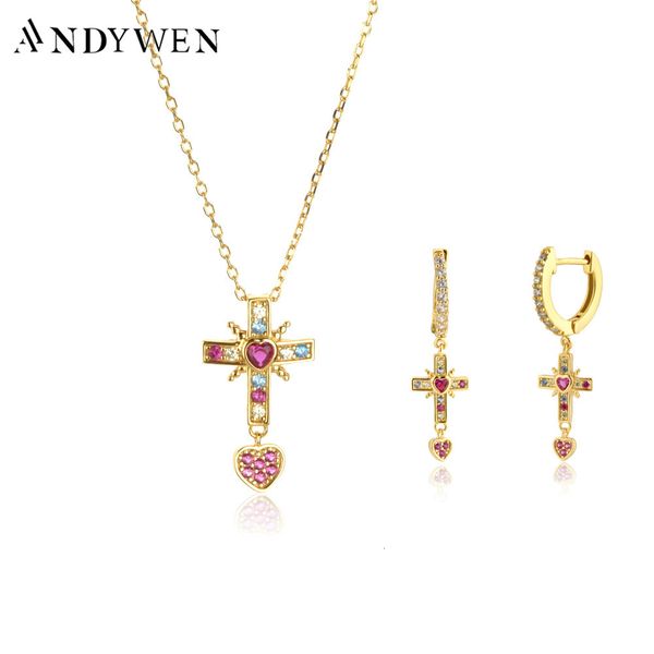 Set di gioielli da sposa ANDYWEN Argento sterling 925 Oro rosa Croce Pendiente Orecchino a goccia Zircone Ciondolo colorato Collana a catena lunga Set 230729