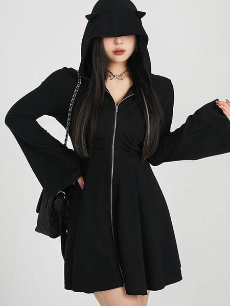 Sıradan Elbiseler Siyah İnce Yüksek Bel Zip up Hardigan Elbise Kadın Gotik Kapşonlu Sweatshirt Kore Moda Y2K Vestido de Mujer