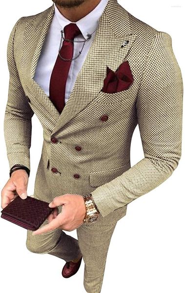 Ternos masculinos Slim Fit Terno Khaki Formal 2 Peças Duplo Seios Xadrez Lã Tweed Smoking Para Padrinhos de Casamento (Calças Blazer)