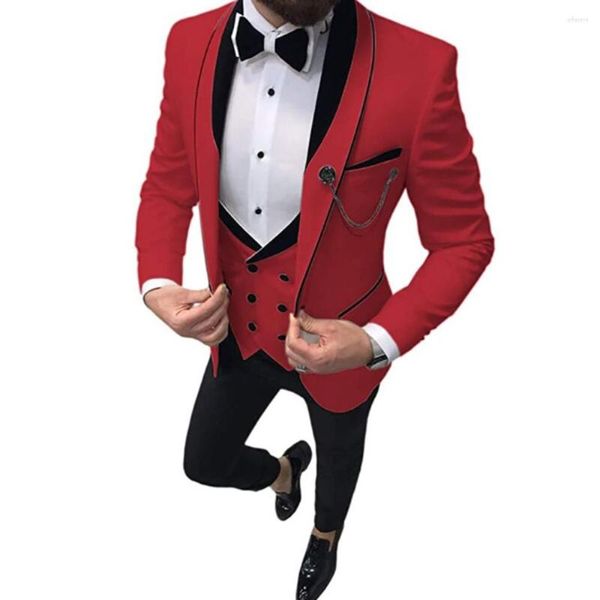 Herrenanzüge Blazer Terno Hombre Steampunk Einreiher Schal Revers Rot Dreiteilige Jacke Hose Weste Slim Fit Freizeitoutfits