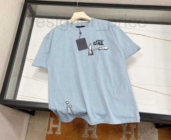 Camisetas Masculinas Designer 2023SS Algodão Corda T-shirt Ferramenta Padrão Cor Azul Letra Pulôver Decote Redondo Manga Curta E4BR