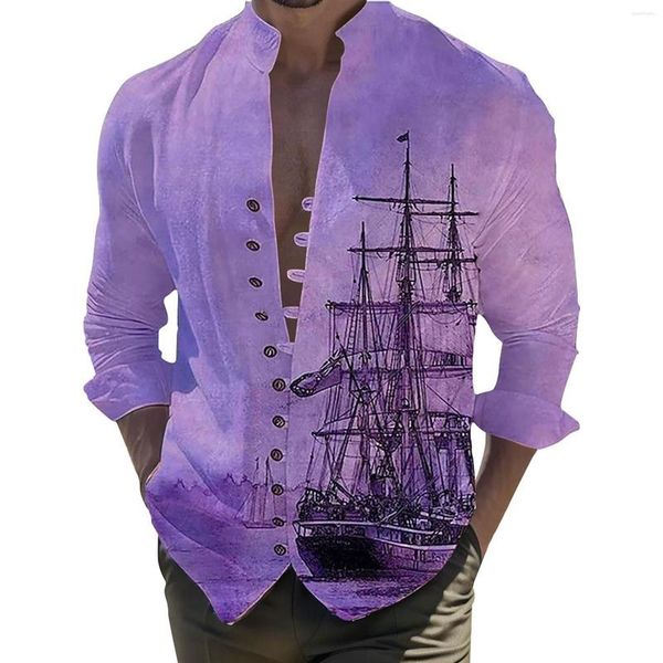 T-shirt da uomo 3D Digital Boat Print Pocket Buckle Risvolto Camicia a maniche corte Flower Streetwear