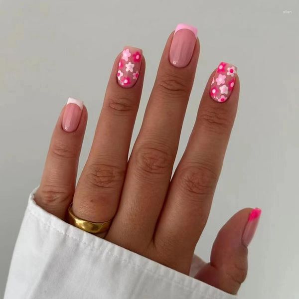 Unghie finte 24 pezzi fiore rosa corto francese carino semplice con design indossabile stampa artificiale finta sulle punte delle unghie