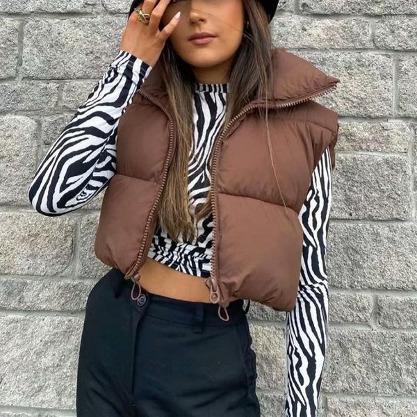 Damenwesten Zip Up Puffy Ärmellose Weste Für Frauen Mode Solide Stehkragen Kurzmantel Weibliche Kleidung Winter Warme Jacke Frühling Frau