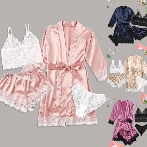 Roupa de dormir feminina 4 peças Conjunto de lingerie sexy com jarreteira Robes Body de renda Roupa íntima com decote em V profundo Pijama de cetim de seda gelada Pijamas Camisolas